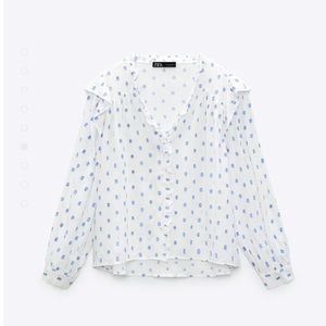 ZARA Flowy White Blouse with Blue Polka Dots